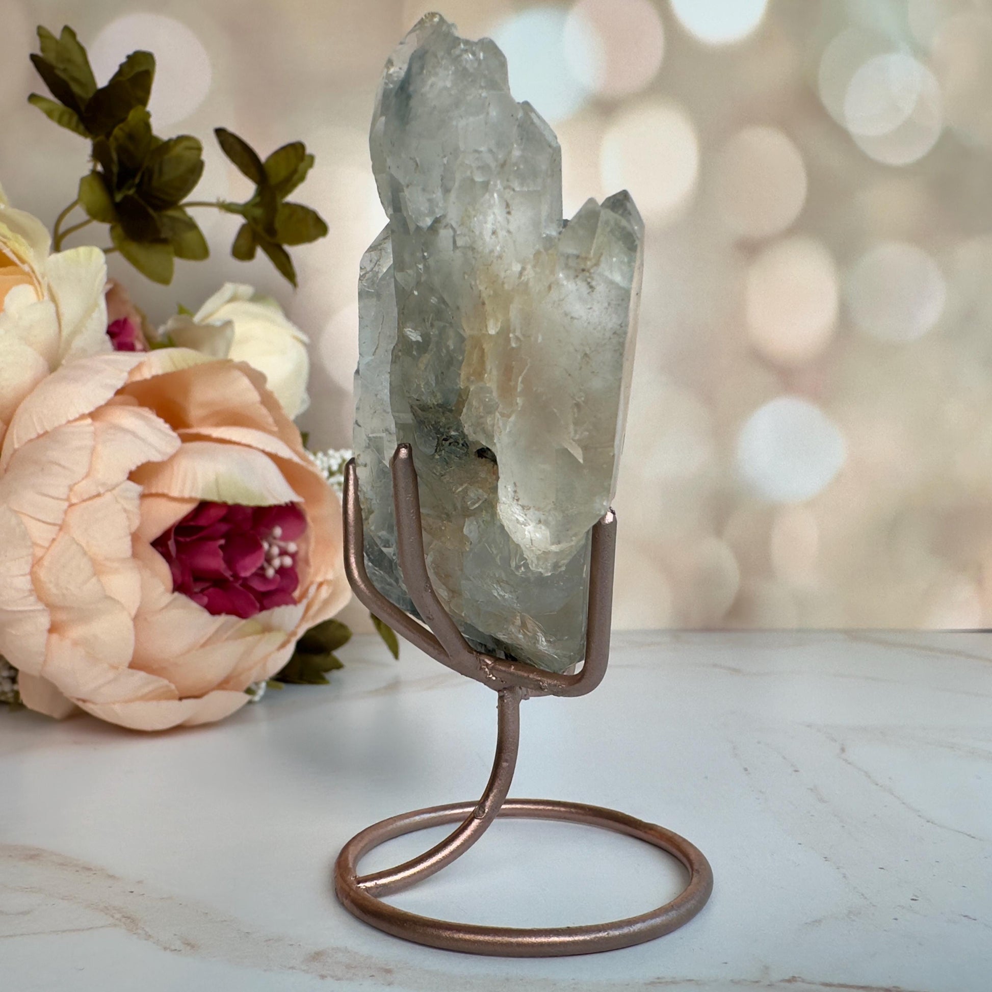 Stunning Blue Tara Quartz Cathedral Formation | Blue Amphibole On Custom Rose Gold Stand From Brazil