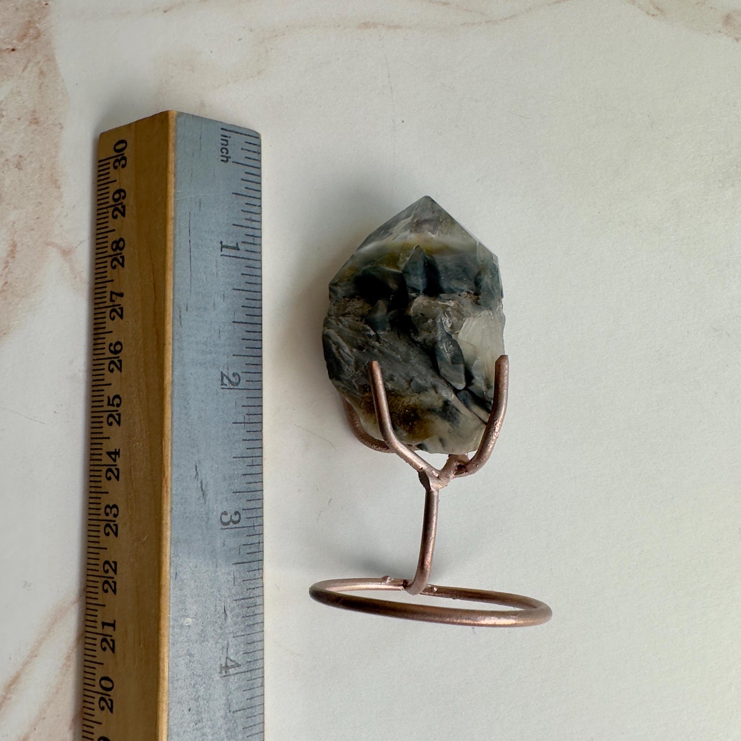 Stunning Blue Tara Quartz Point | Blue Amphibole On Custom Rose Gold Stand From Brazil