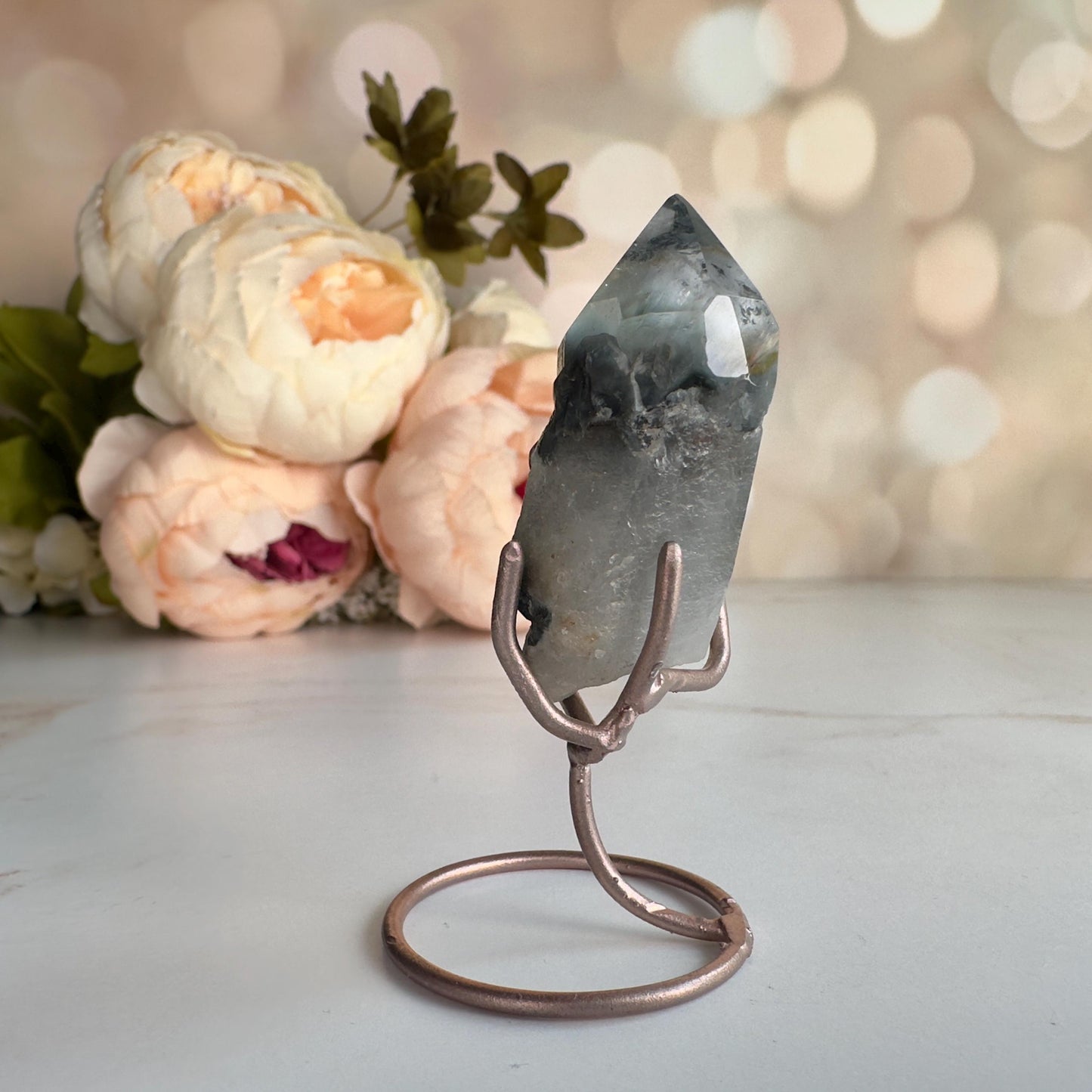 Stunning Blue Tara Quartz Point | Blue Amphibole On Custom Rose Gold Stand From Brazil