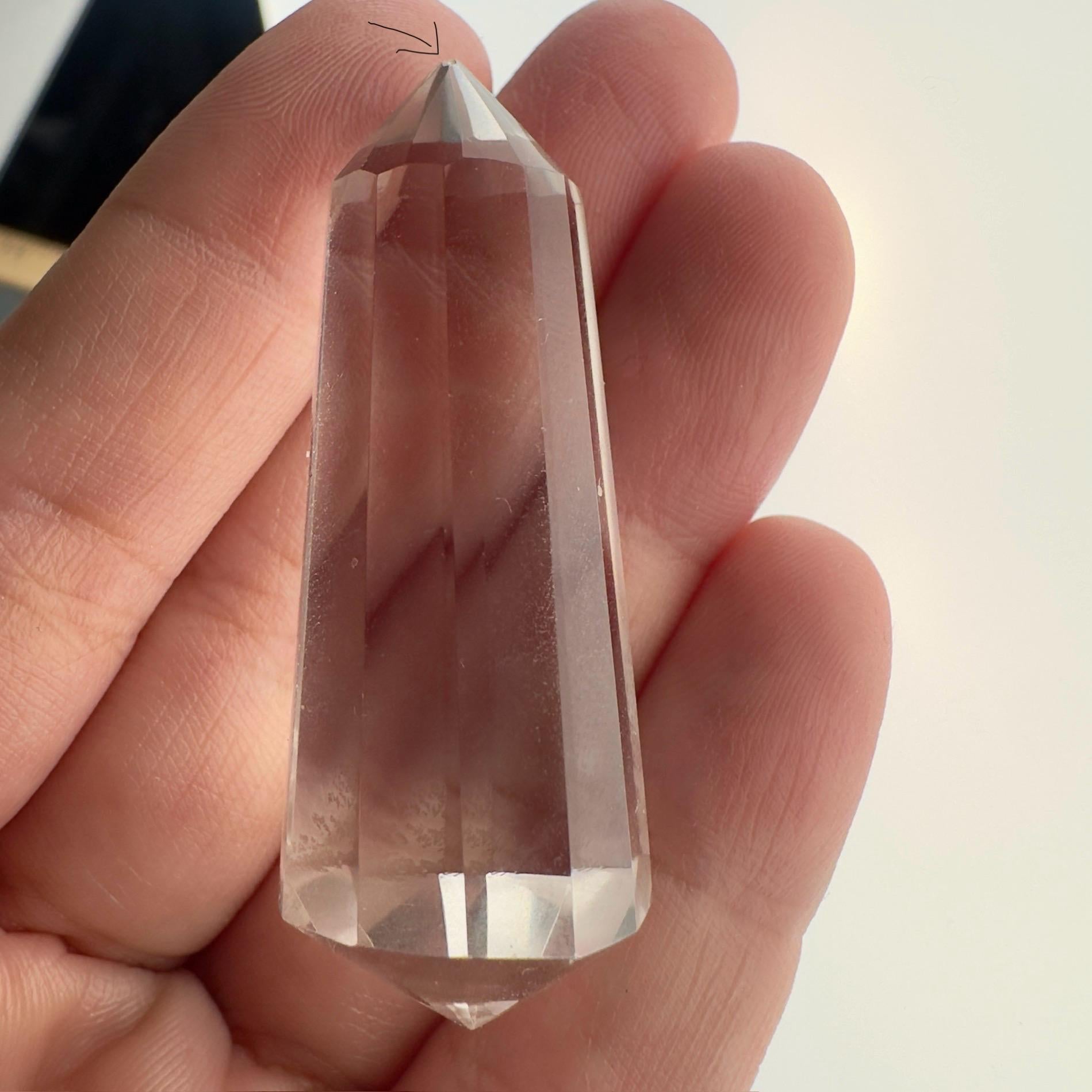 Adorable Clear Quartz Mini Vogel From Brazil With Custom Black Stand | VERY small chip on bottom