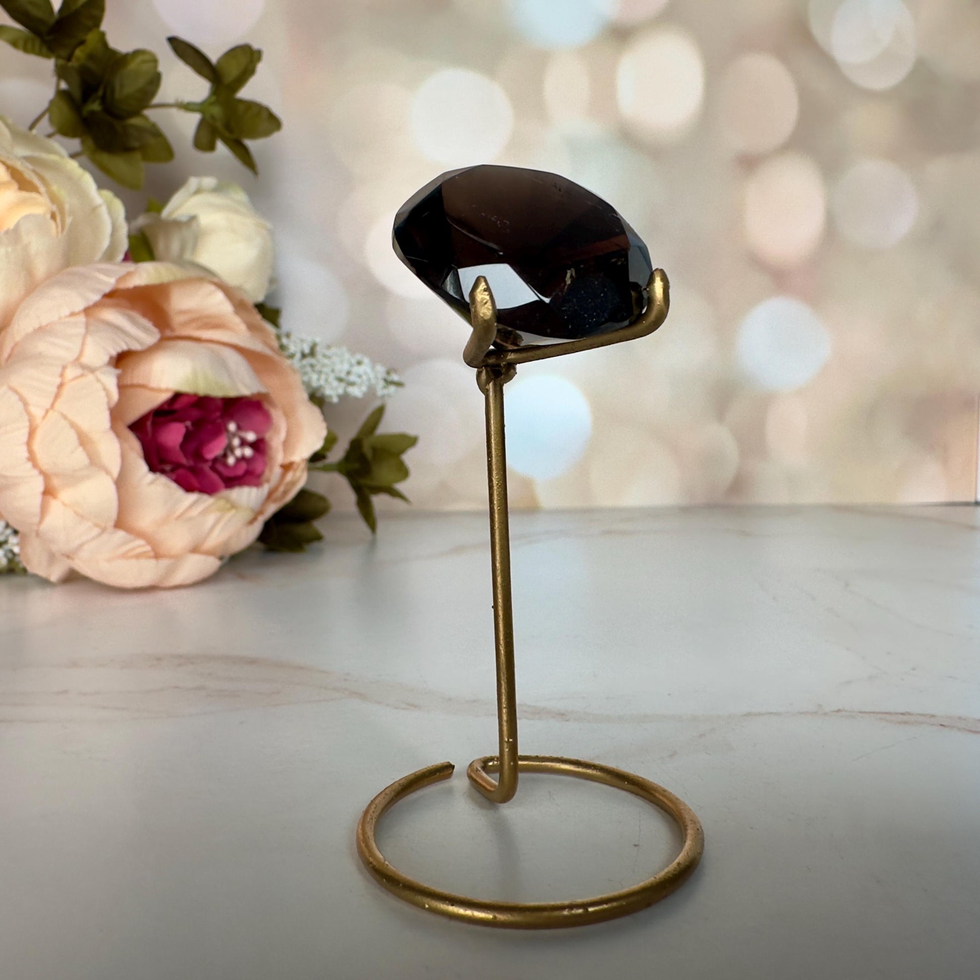 Dark Smoky Quartz Diamond On Custom Gold Stand From Brazil