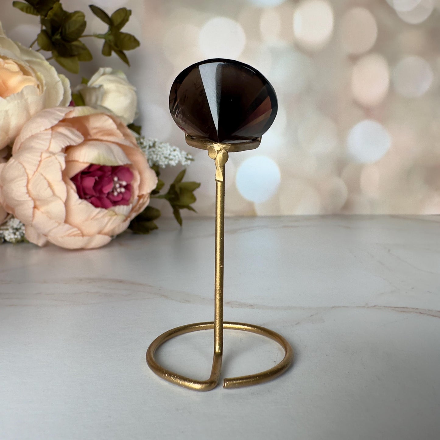 Dark Smoky Quartz Diamond On Custom Gold Stand From Brazil