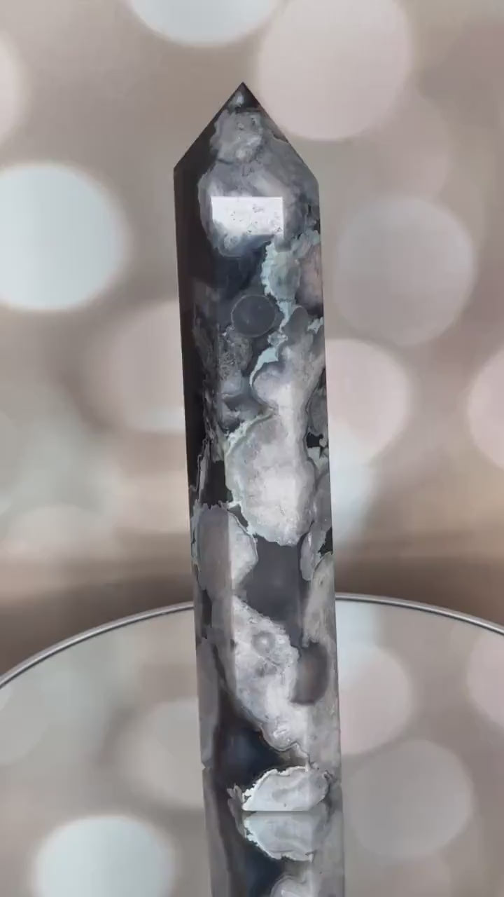 Large Black Flower Agate Tower | Natural Blue Cherry Sakura Blossom Point