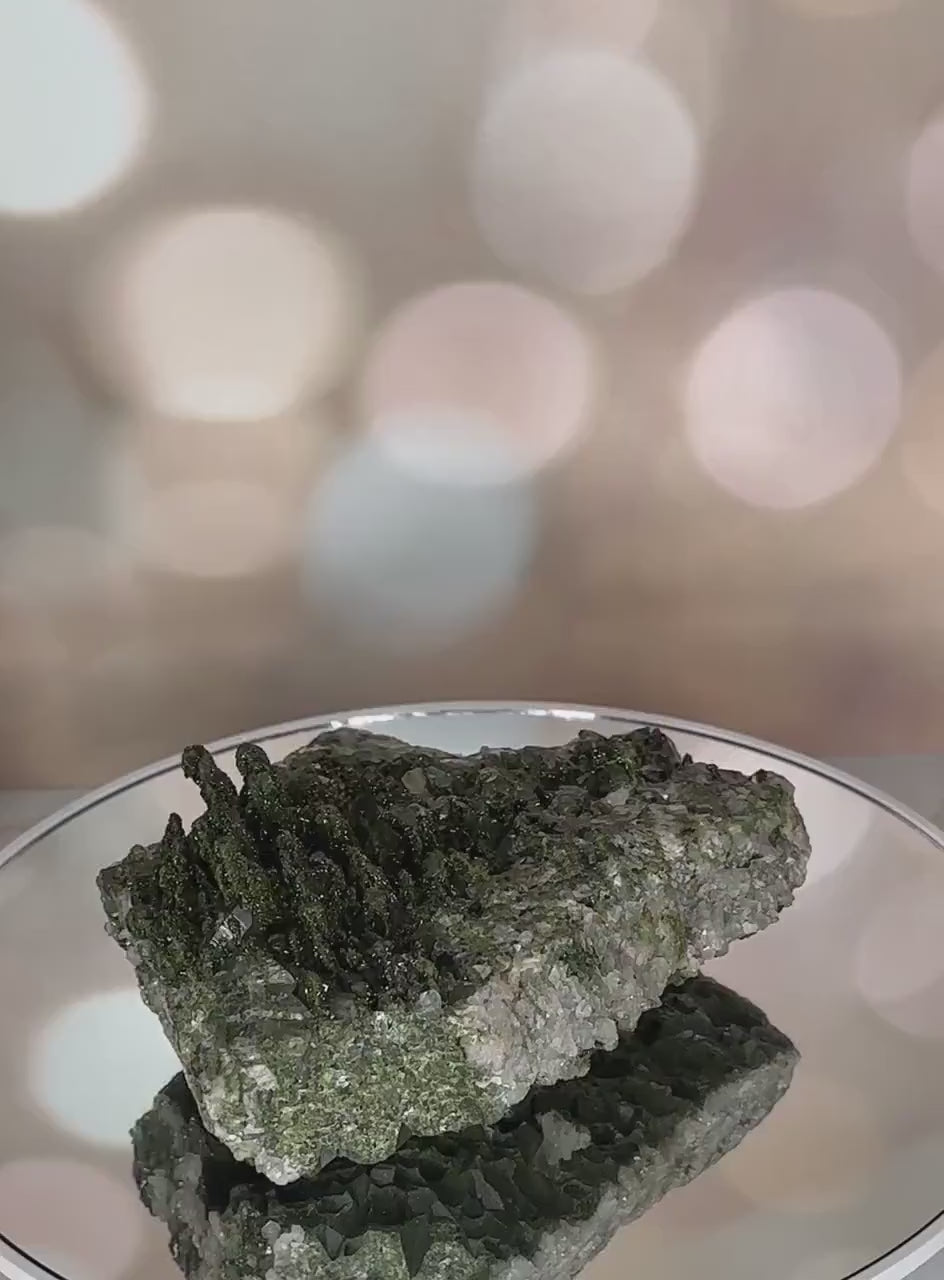 Unique Epidote On Quartz Genuine Dark Green Crystal Cluster Specimen From Turkey | Tucson Gem Show Exclusive